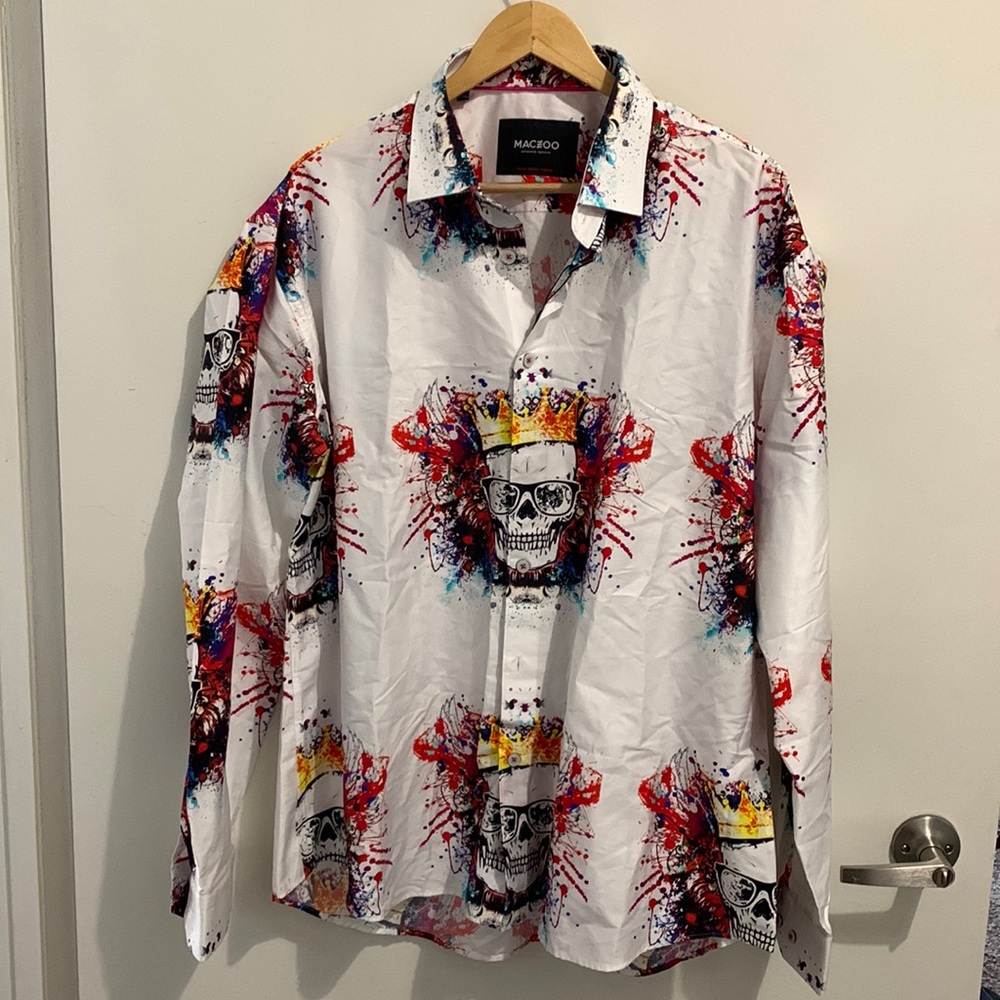 White Button Down w/ Colorful Skull Print